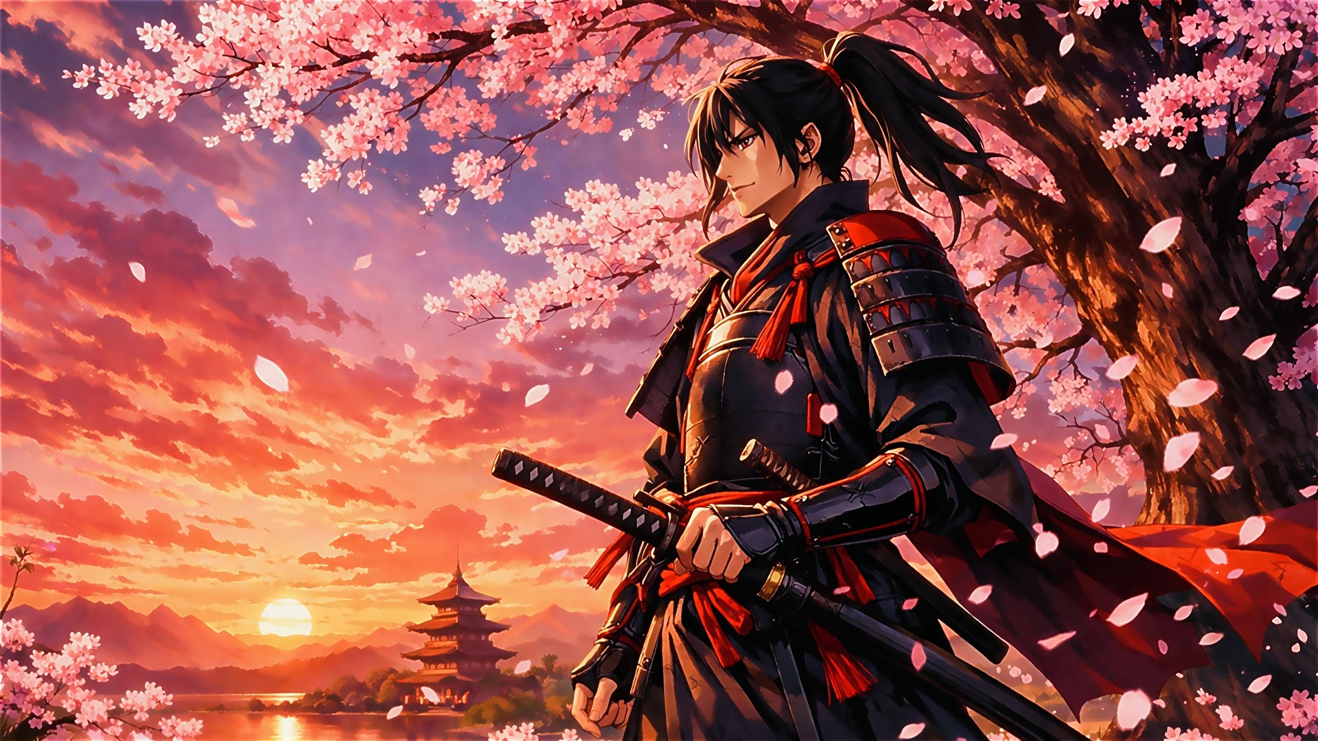 Anime Samurai Sunset Wallpaper 4K – Cherry Blossom Scene