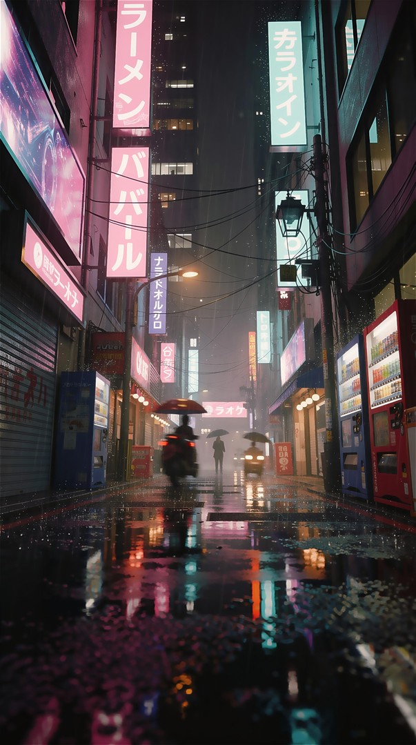 Rain Neon City Street Night HD Wallpaper 4K - Cyberpunk Mood