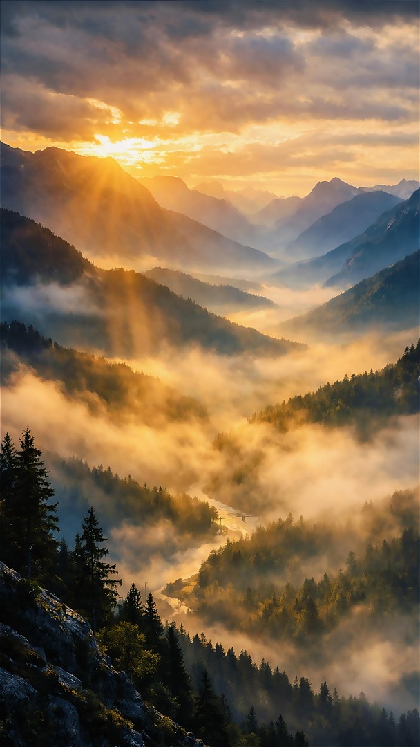 Misty Mountain Valley Sunrise HD Wallpaper 4K - Nature Landscape