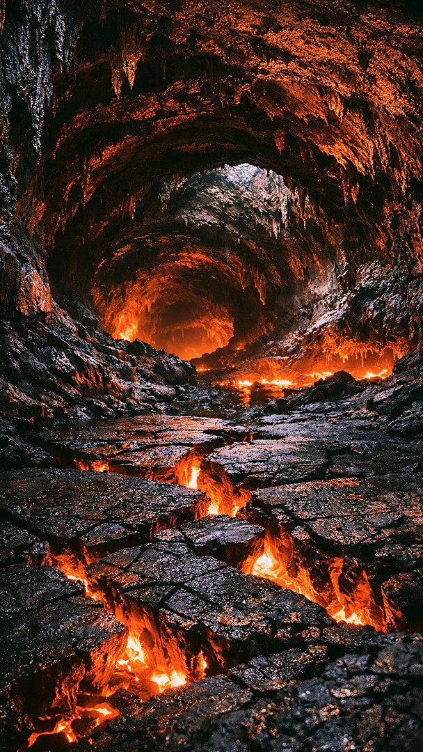 Lava Cave Tunnel HD Wallpaper 4K - Underground Fire Landscape