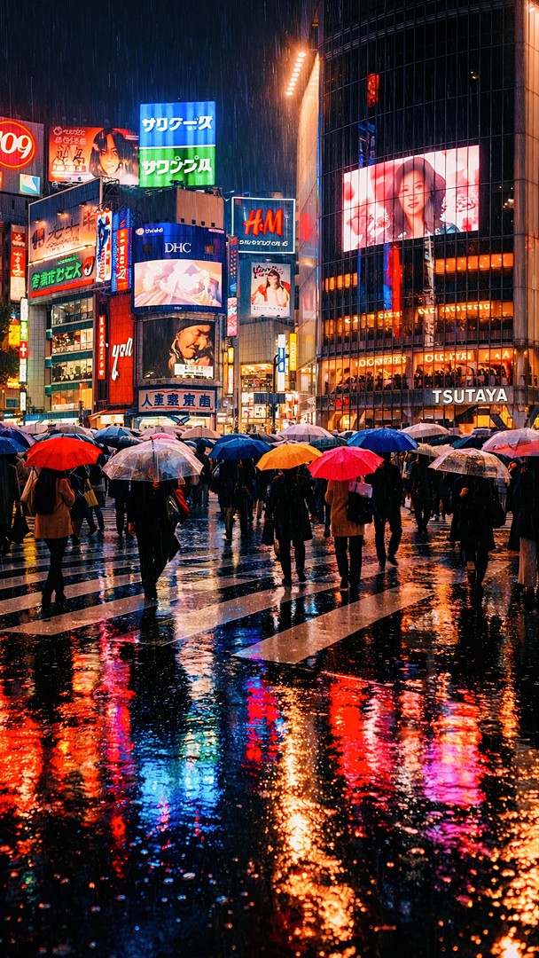 Rain City Crossing HD Wallpaper 4K - Urban Night Crowd