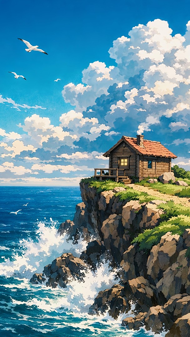 Coastal Cliff House HD Wallpaper 4K - Ocean View Cottage