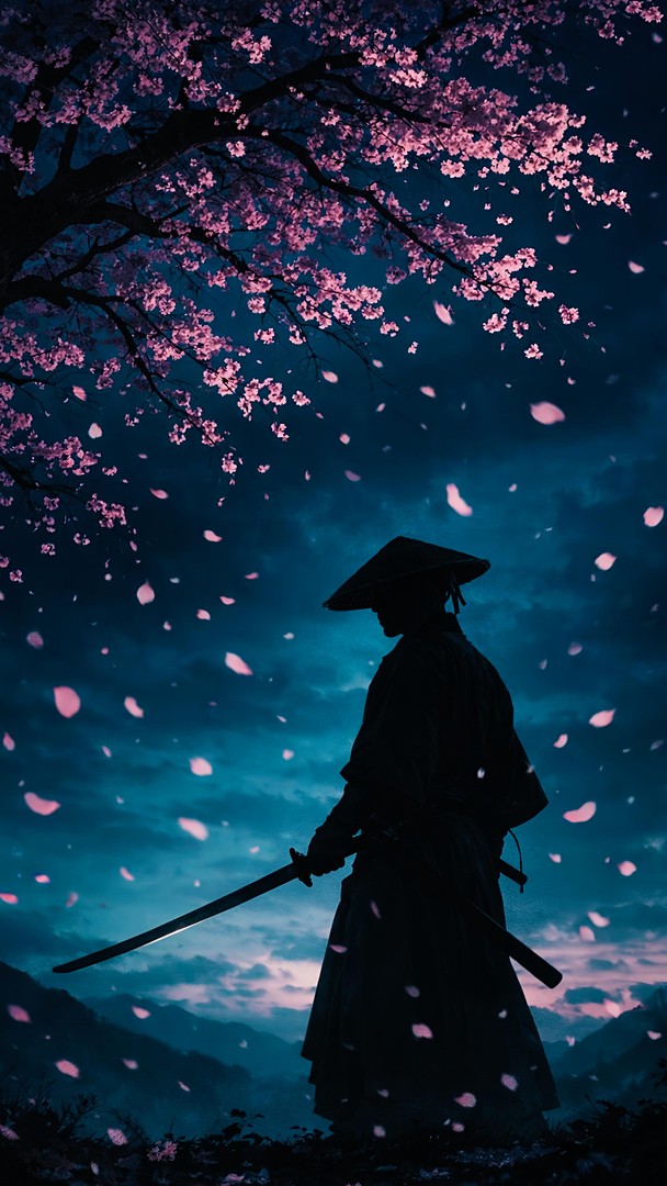 Samurai Cherry Blossom Night HD Wallpaper 4K - Warrior Silhouette