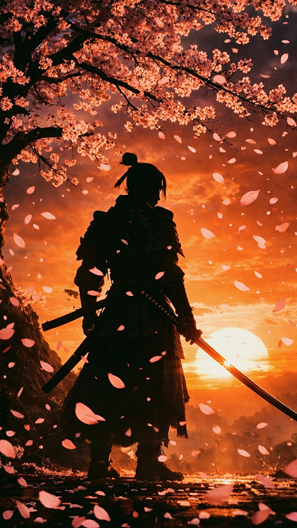 Samurai Sunset Cherry Blossom HD Wallpaper 4K - Warrior Stance