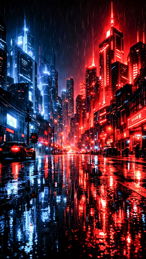 Rain City HD Wallpaper 4K - Cyberpunk Reflections