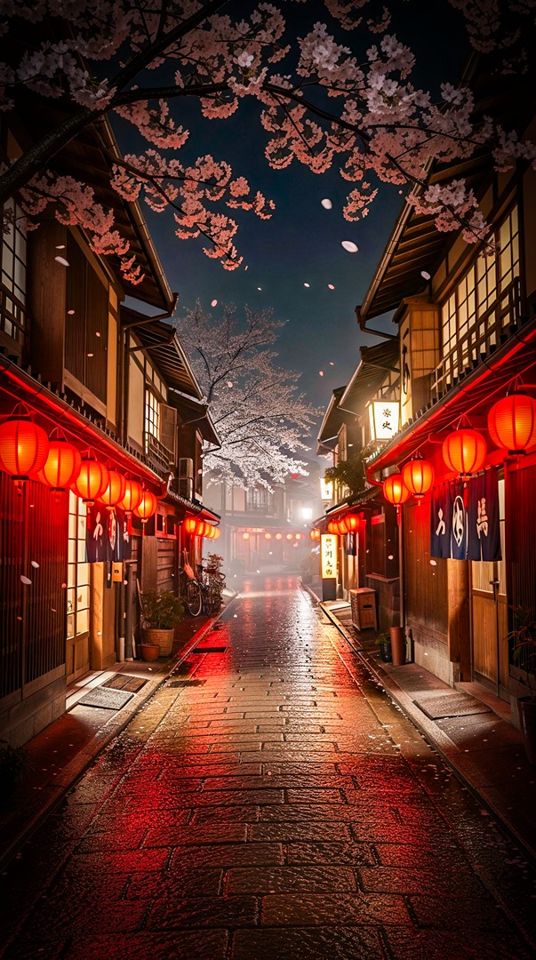 Japanese Street Night HD Wallpaper 4K - Lantern Lights