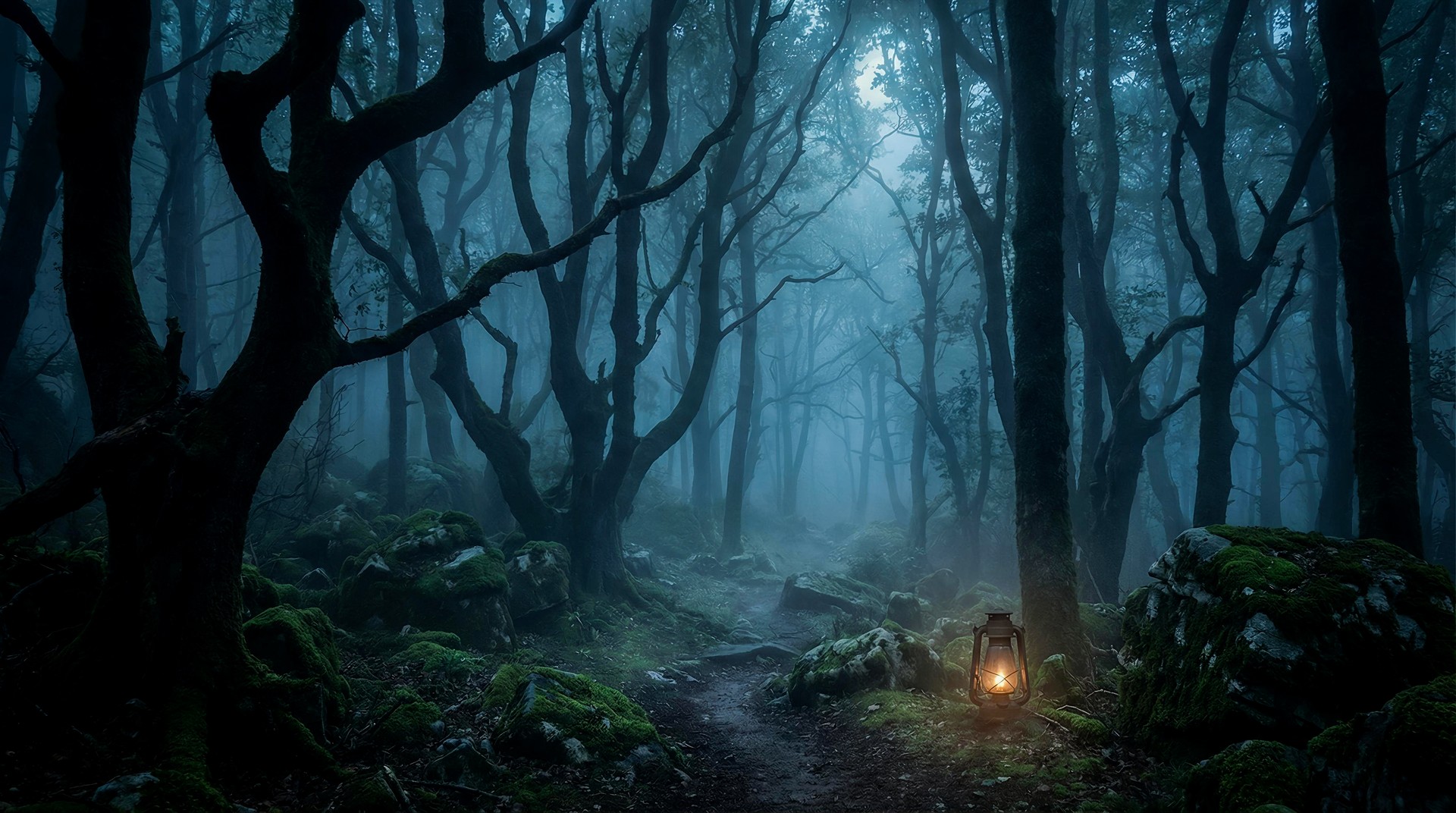 Mysterious Foggy Forest Desktop Wallpaper 4K – Lantern Path