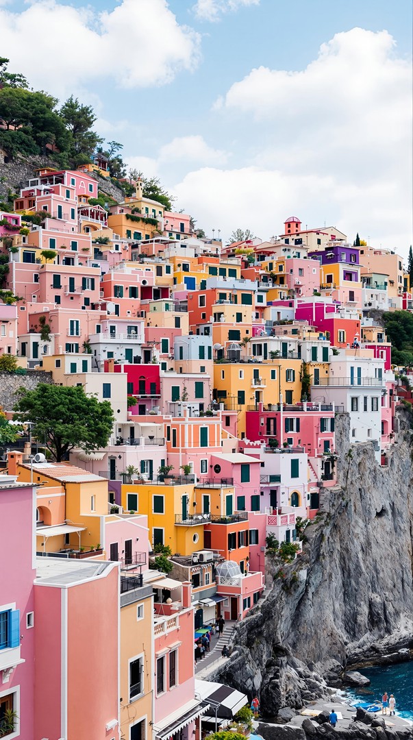 Colorful Cliffside Village HD Wallpaper 4K - Coastal Town