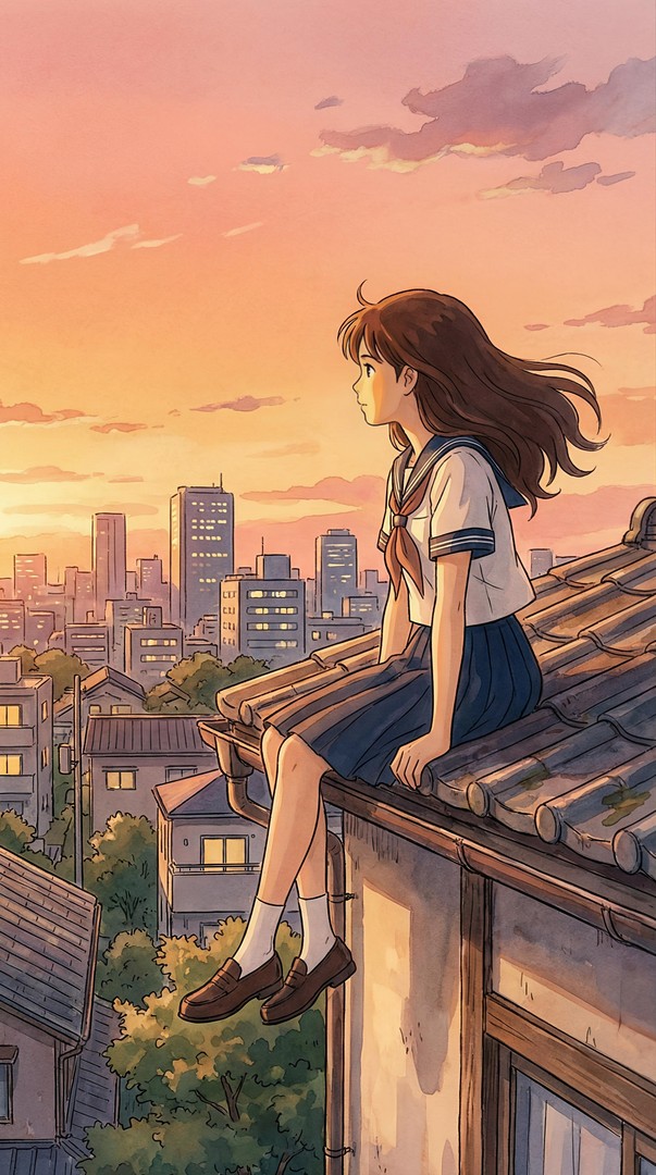 Anime Rooftop Sunset City HD Wallpaper 4K