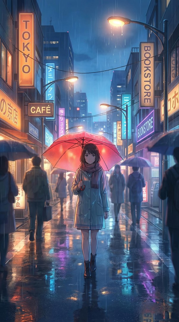 Rainy Tokyo Street Anime HD Wallpaper 4K