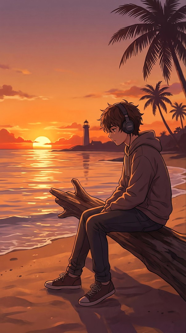 Anime Beach Sunset Chill HD Wallpaper 4K