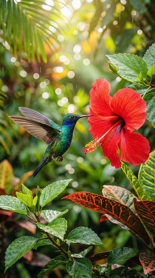 Hummingbird Feeding on Red Hibiscus Flower 4K Wallpaper