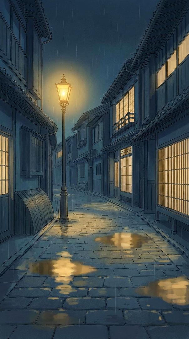 Rainy Japanese Street with Glowing Lantern 4K Wallpaper