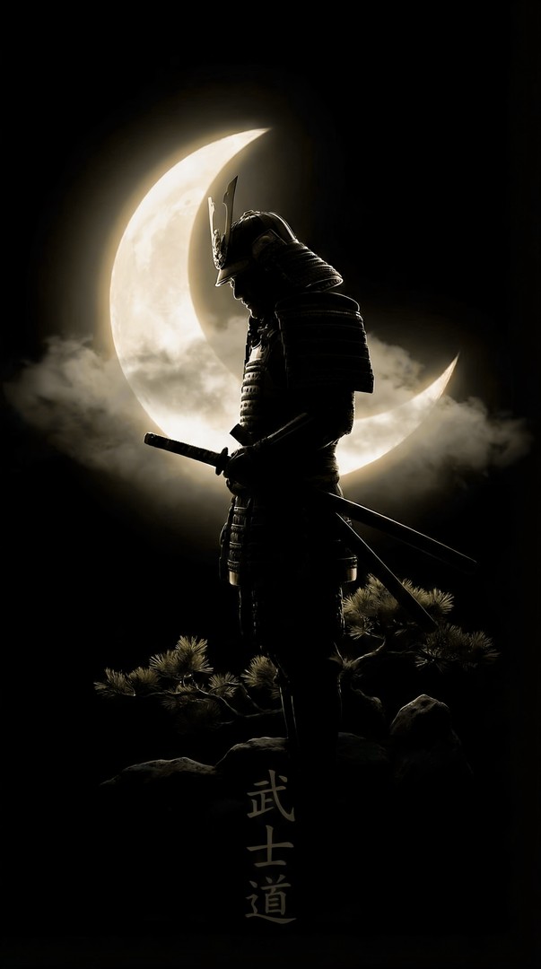 Samurai Warrior Silhouette Under Moon 4K Wallpaper