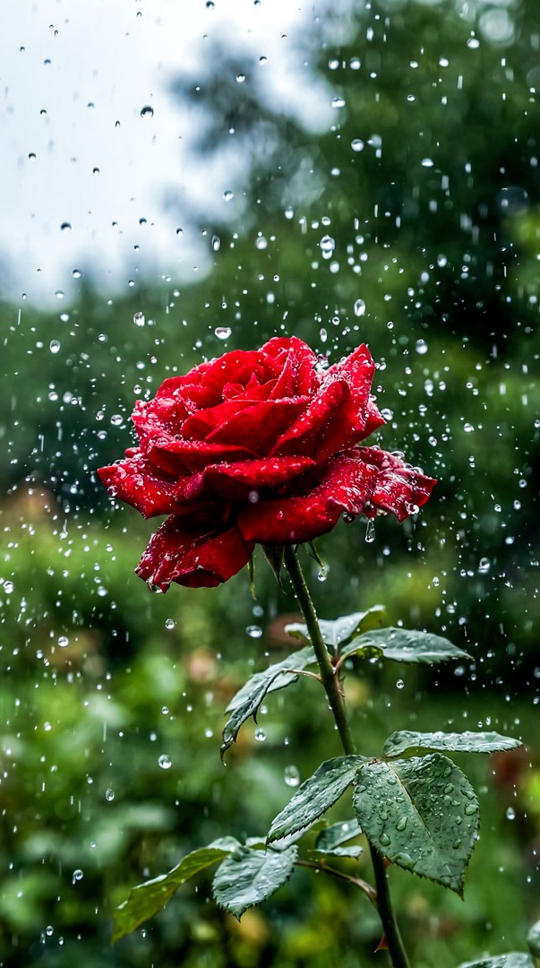 Red Rose in Rain with Water Droplets 4K Wallpaper