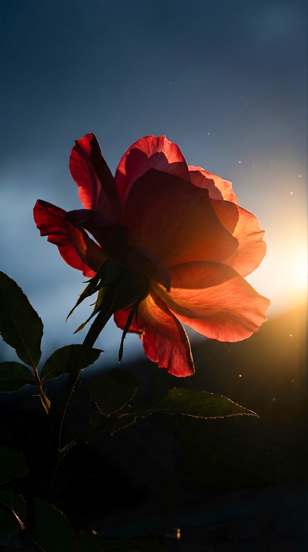 Red Rose Backlit by Sunset Blue Sky 4K Wallpaper