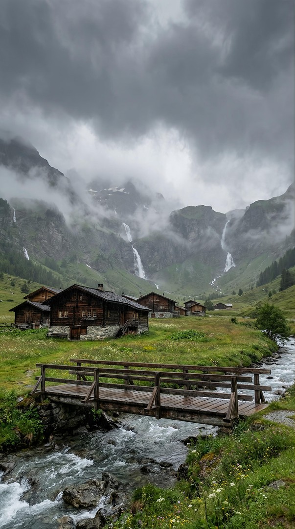 Mountain Cabins Waterfall HD Wallpaper 4K