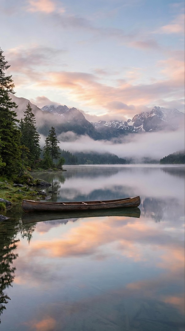 Misty Mountain Lake Canoe HD Wallpaper 4K