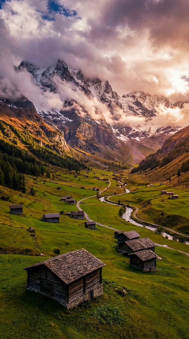 Alpine Valley Wooden Cabins HD Wallpaper 4K