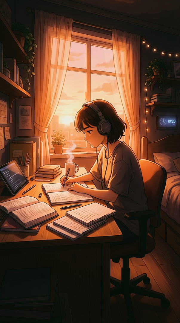 Anime Girl Studying Sunset Room 4K Wallpaper