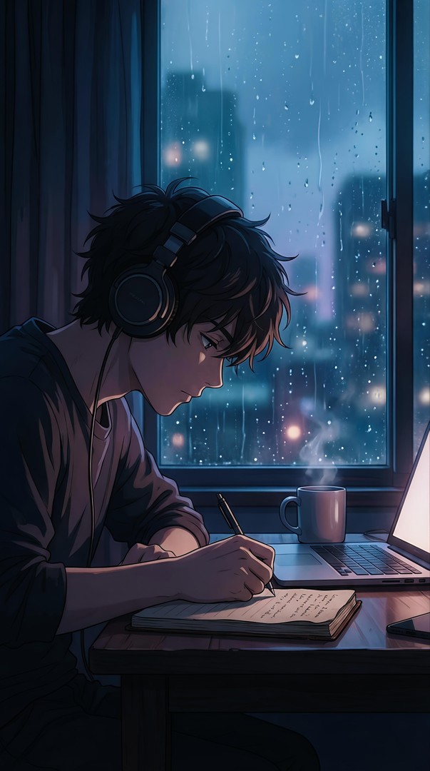 Anime Boy Writing Rainy Night City 4K Wallpaper
