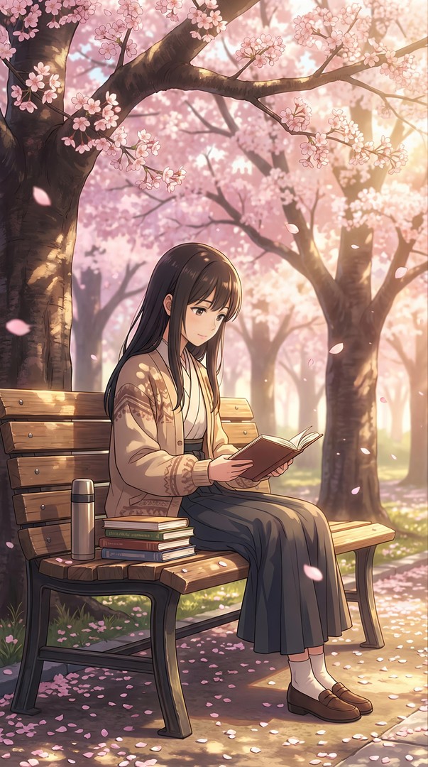Anime Girl Reading Cherry Blossom Park 4K Wallpaper
