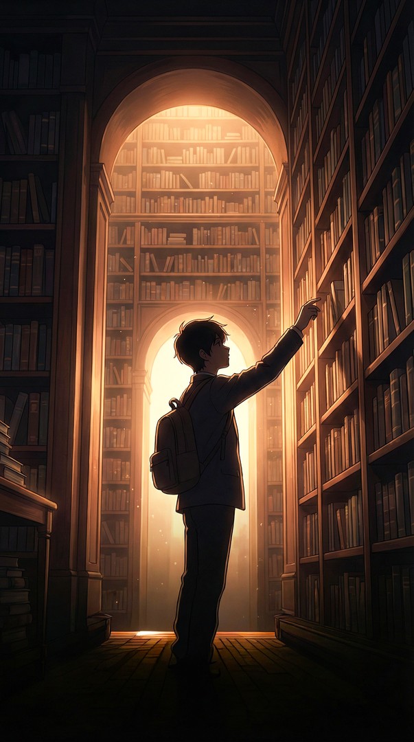 Anime Boy Library Golden Light 4K Wallpaper