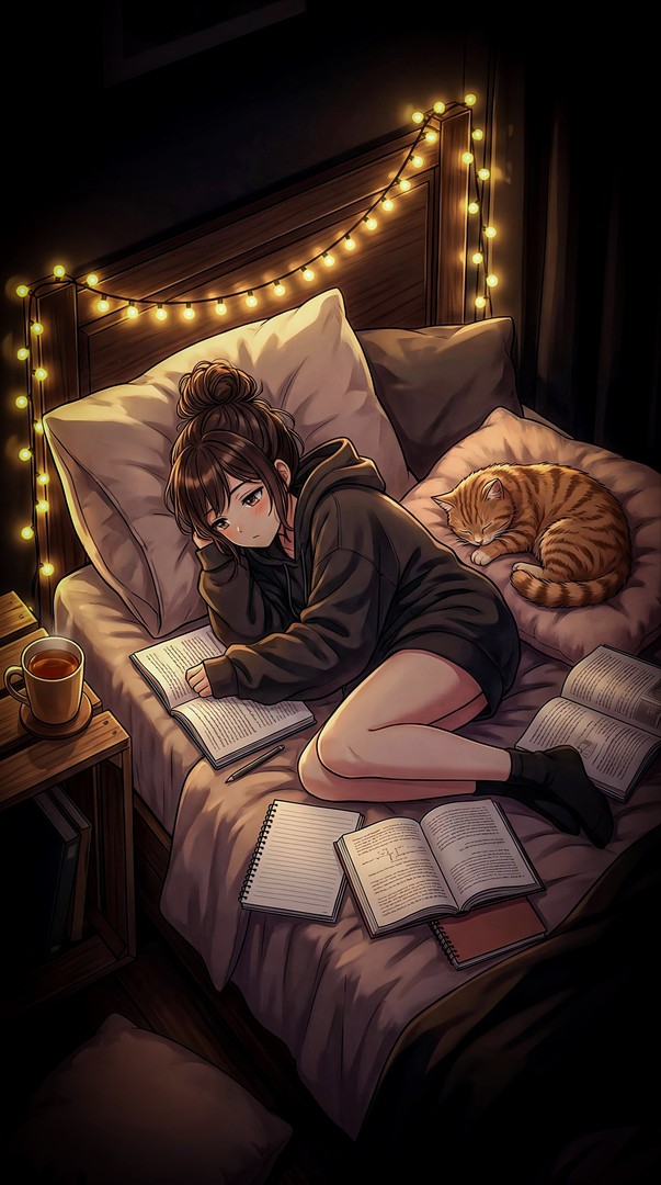 Anime Girl Reading Bed Cozy Cat 4K Wallpaper