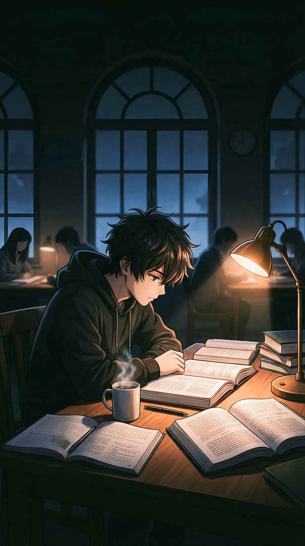 Anime Boy Studying Library Evening 4K Wallpaper