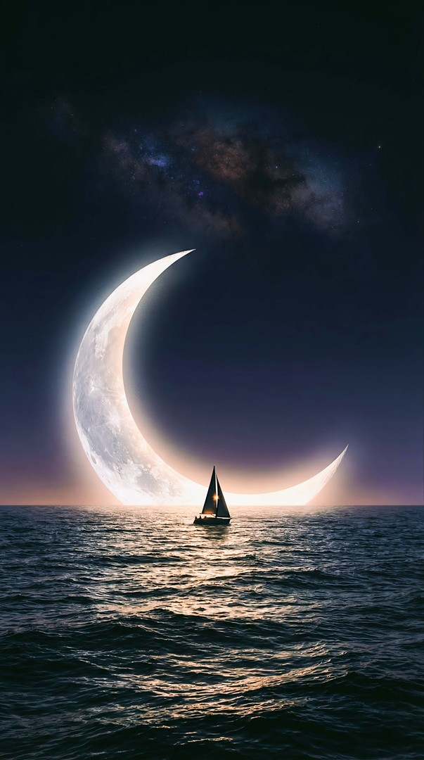 Crescent Moon Sailing Ocean Night 4K Wallpaper