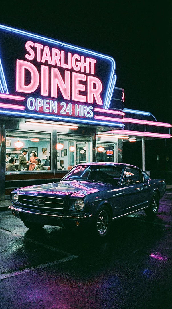 Retro Diner Classic Mustang Night 4K Wallpaper