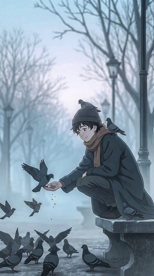 Anime Boy Feeding Pigeons Winter Park 4K Wallpaper