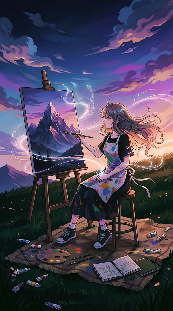 Anime Girl Painting Sunset Canvas 4K Wallpaper