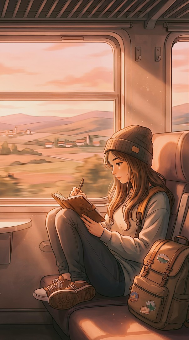 Anime Girl Train Journey Sunset 4K Wallpaper