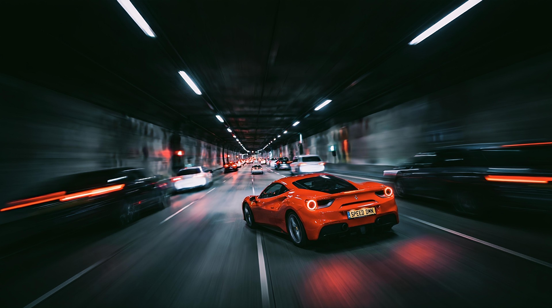 Red Ferrari Sports Car Tunnel Speed 4K Wallpaper