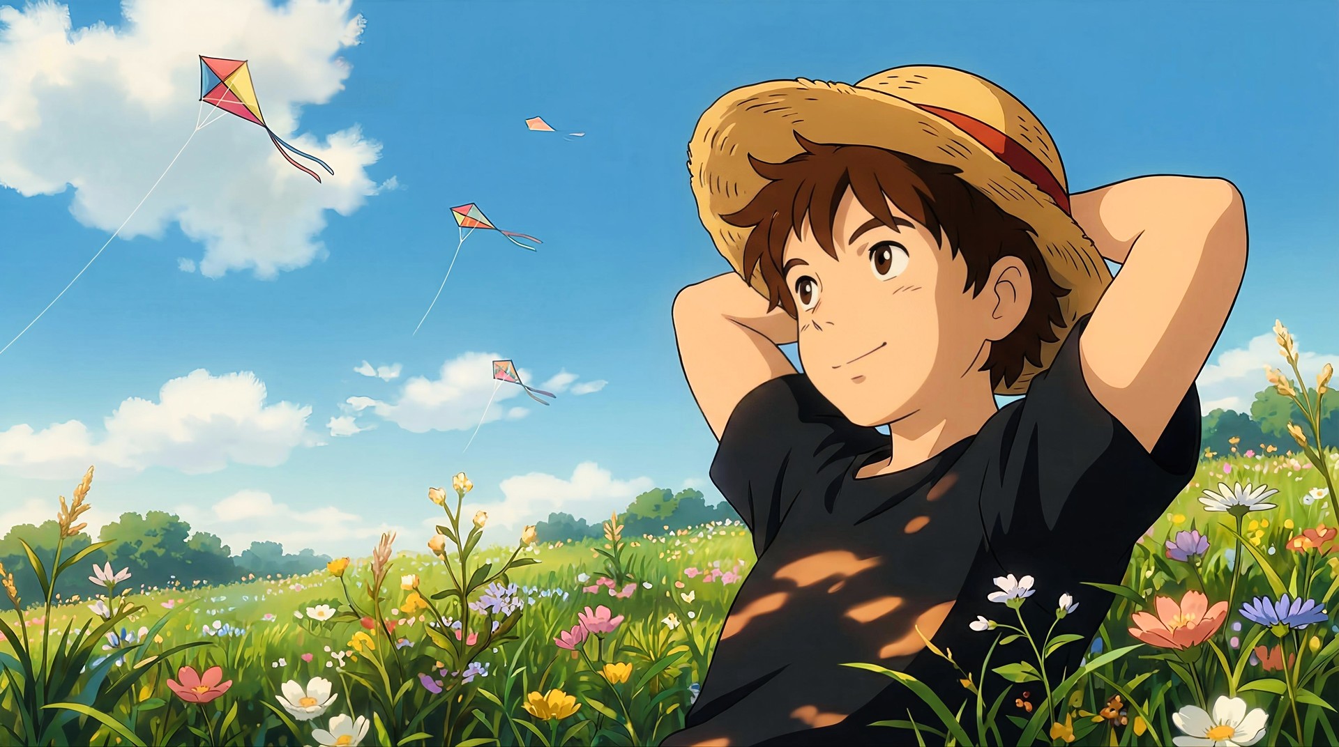 Anime Boy Summer Field Flying Kites 4K Wallpaper
