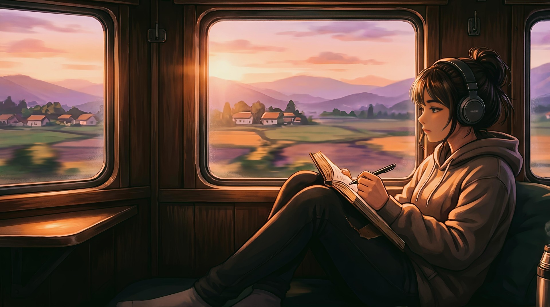 Anime Girl Train Journey Sunset Village 4K Wallpaper
