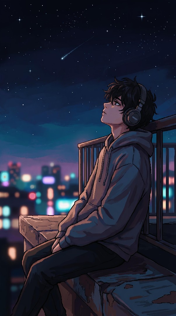 Anime Boy Balcony Stargazing Shooting Star 4K Wallpaper