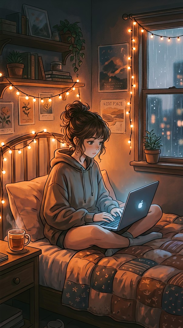 Anime Girl Cozy Bedroom Laptop Rain Night 4K Wallpaper