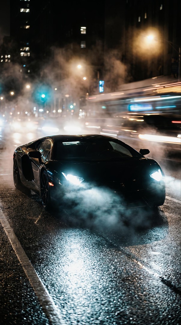 Black Lamborghini City Street Night Smoke 4K Wallpaper