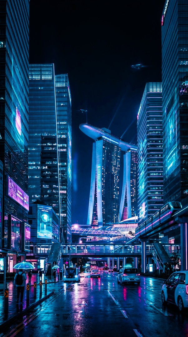 Singapore City Street Night Blue Neon Rain 4K Wallpaper