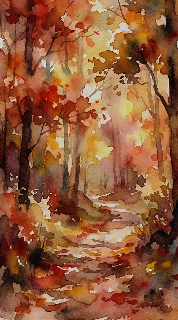 Watercolor Autumn Forest Path Golden Leaves 4K Wallpaper