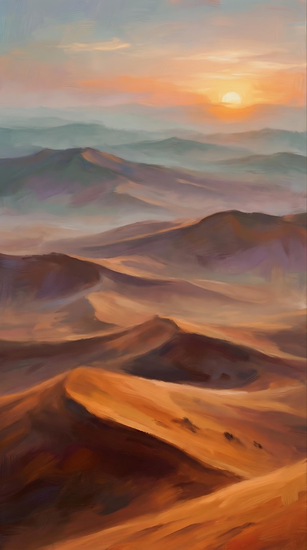 Oil Painting Desert Sand Dunes Sunset 4K Wallpaper