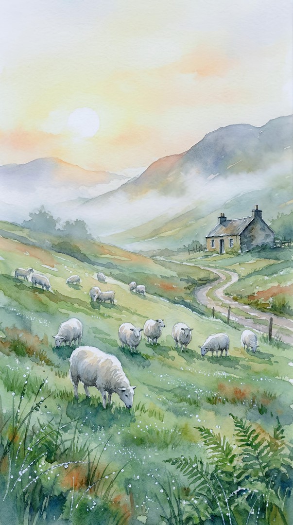 Watercolor Sheep Farm Countryside Green Hills 4K Wallpaper