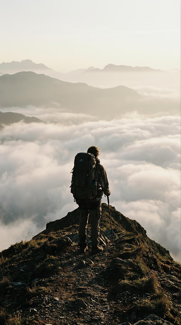 Hiker Mountain Summit Above Clouds Adventure 4K Wallpaper