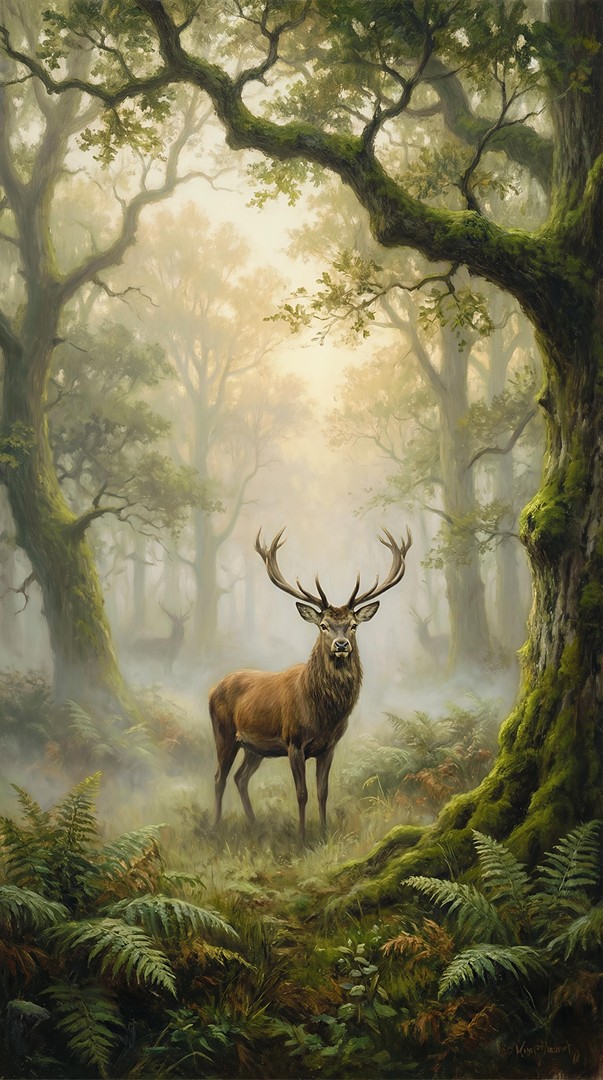 Deer Misty Forest Ancient Trees Oil Painting 4K Wallpaper