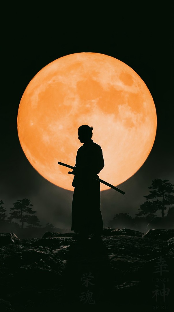 Samurai Silhouette Giant Orange Moon Night 4K Wallpaper