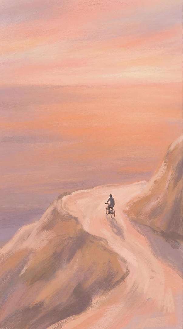 Cyclist Mountain Path Pink Sunset Oil Painting 4K Wallpaper