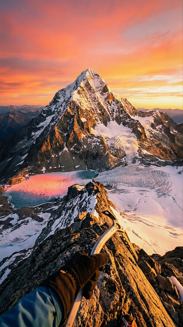 Mountain Climber Summit Peak Sunrise View 4K Wallpaper