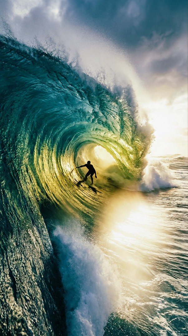 Surfer Inside Barrel Wave Golden Light 4K Wallpaper